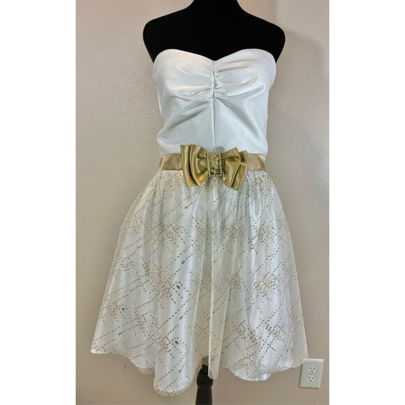 Vintage Jessica McClintock for Gunne Sax Gold & Cream Strapless Sweetheart Dress - Picture 1 of 8